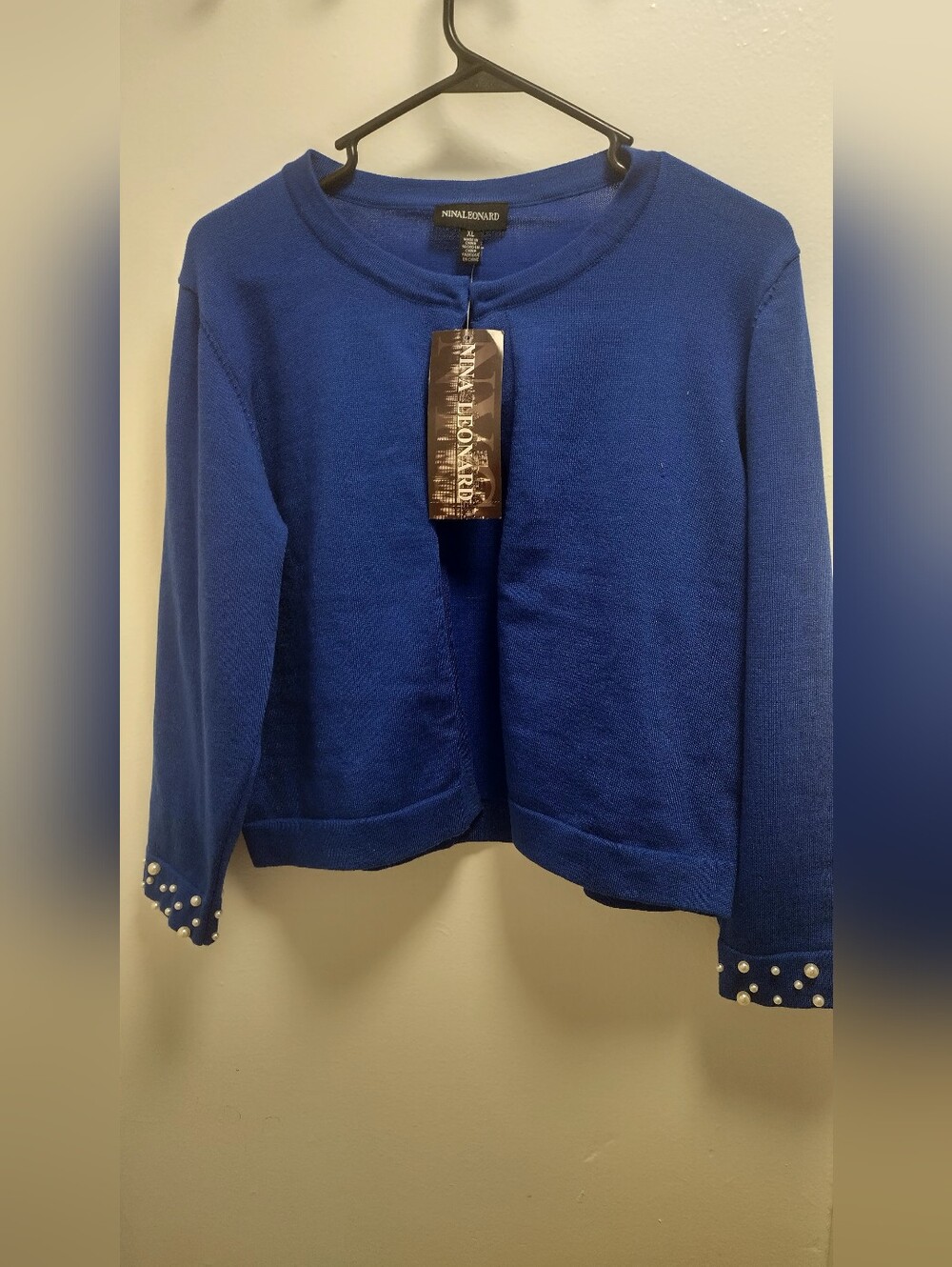 Nina Leonard Blue Knit Open Front Shrug XL New With Tag Pearls On The Cuff
